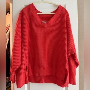 American Eagle Outfitters Red V-Neck Waffle Knit Sweater